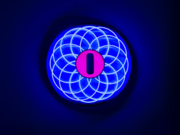 Work of art ''Zephyrus'', neon blue and red sculpture by artist Santiago Montoya. ''The zero is the simplest symbol and we are surrounded by it all the time. It holds great power and meaning, but it also signifies nothing.'' Zephyrus is comprised of a guilloché and the number ''zero''.