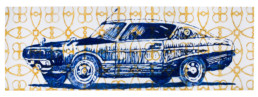Work of art ''Car with antenna'' from ''The Great Swindle'' series by artist Santiago Montoya is a painting of a car that looks like a Ford Mustang. Taken from a Chinese Oil coupon.