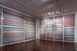 Room filled with works of art ''Wall of lamentations'' made of money by artist Santiago Montoya and exhibited at the Art Museum of the Americas in Washington D.C.