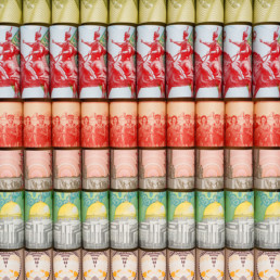 Close-up of the work of art ''Wall of lamentations'' made of money by artist Santiago Montoya and exhibited at the Art Museum of the Americas in Washington D.C.