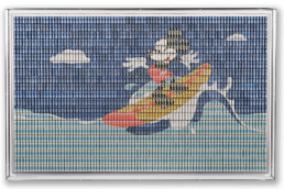 Work of art ''Surfin'USA''. Mickey Mouse's surfing made with paper money by artist Santiago Montoya.