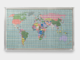 Work of art ''World map'' made with money by artist Santiago Montoya.